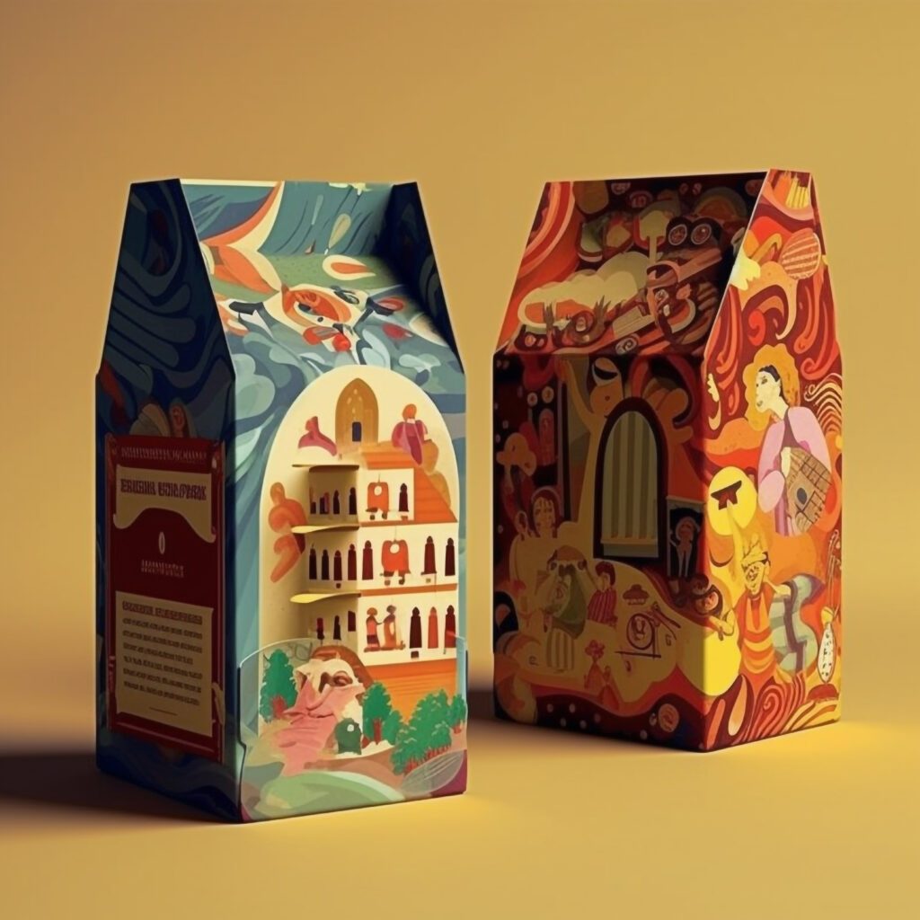 Geomeetrilise mustriga tooteetikett ja pakendi prototüüp, mis demonstreerib brändi visuaalset identiteeti.