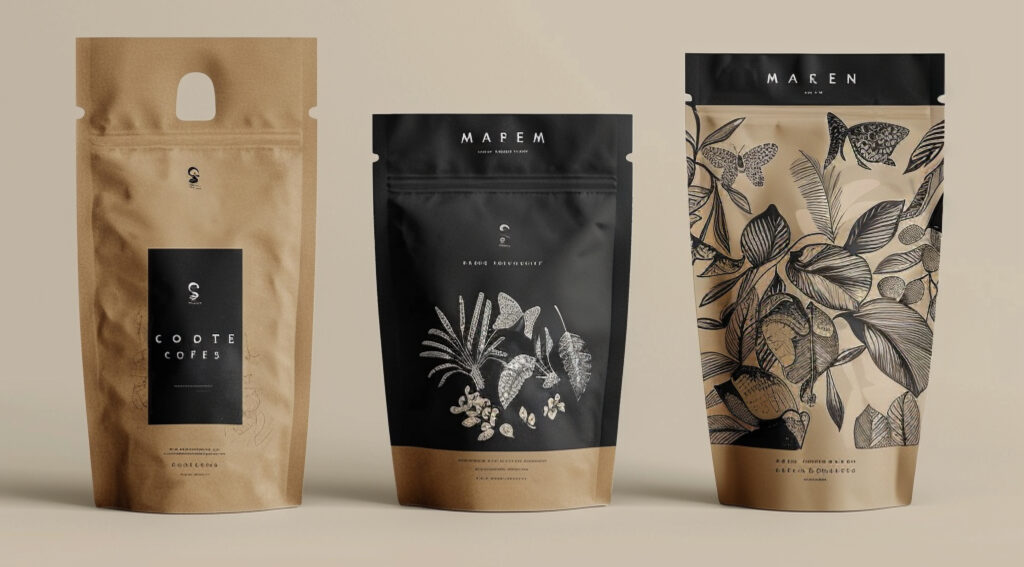 Pakendidisaini kontseptsioon nr 4: ökoloogiline kartongist ümbris musta ja valge kontrastse tekstiga.